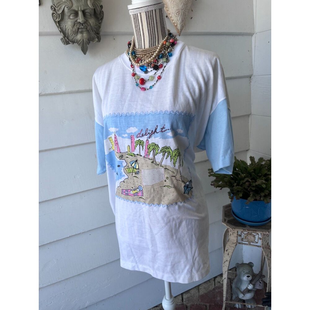 Y2K Grandma Summer 80's Unique Vntg 3D Beach Scene TShirt, Size 24W 3X Oversized